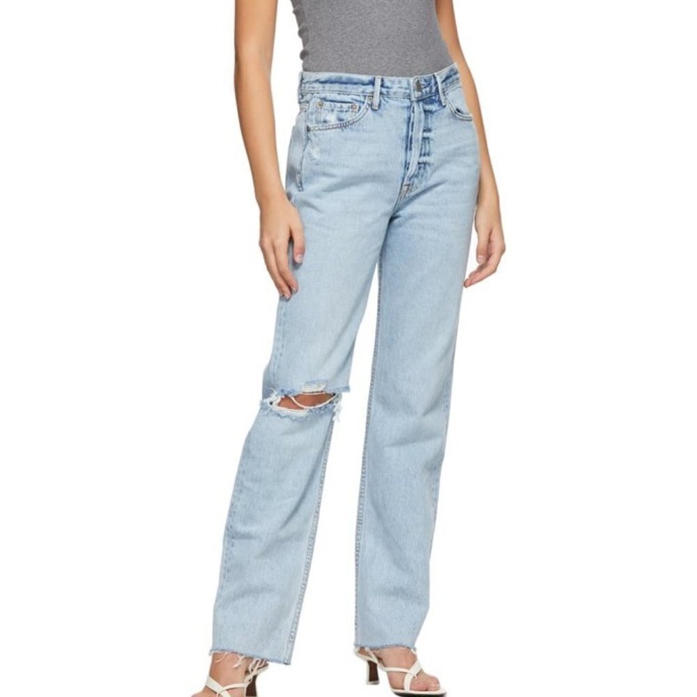 Grlfrnd Women Blue Mica Destroyed High Waist Straight Raw Hem Jeans Size 27
